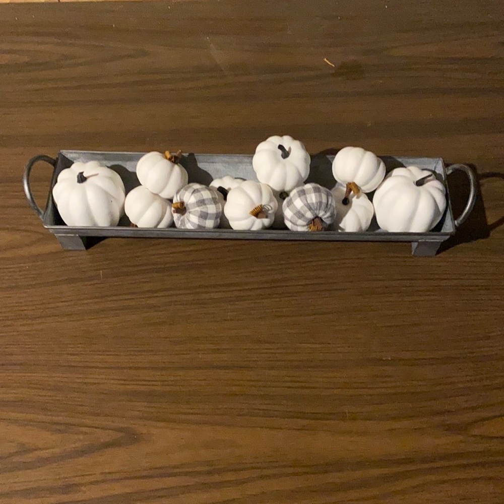 Tray of mini white and gray gingham pumpkins